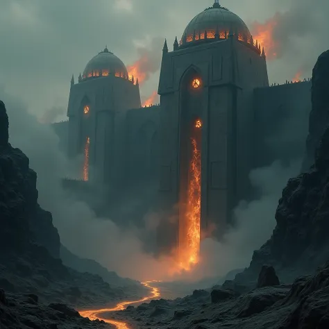 Mordor consists of towers with domes and fire
