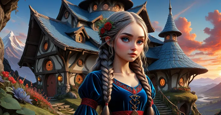 A beautiful racially ambigious woman. Cute blue velvet dress with red filigree and trim. Long braids. Official Art – An Award-Winning Digital Masterpiece In 4K Ultra HD, Extreme Detail And Intricate Realism. Symmetrical Face. This Concept Art Brought To Li...