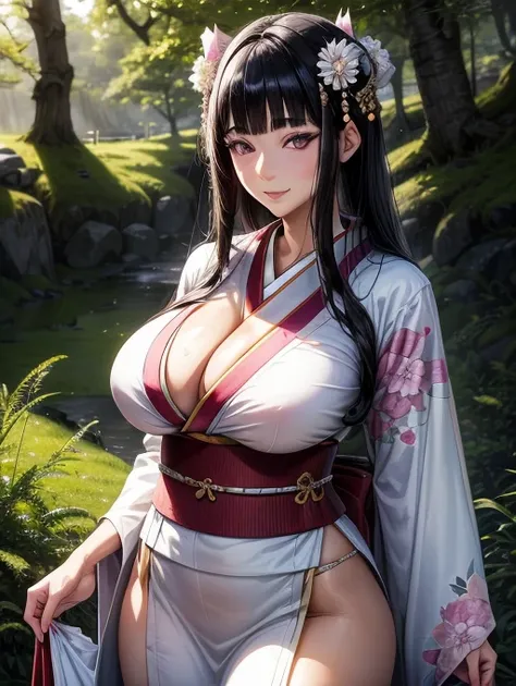 {{{masterpiece}}}, {{{best quality}}}, {{ultra-detailed}}, {cinematic lighting}, {CG}, {beautifully detailed eyes}, {1girl}, extremely detailed, 1girl, solo, [Anime style], A Japanese princess, long black hair with bags, wearing a pink and white kimono, Hi...