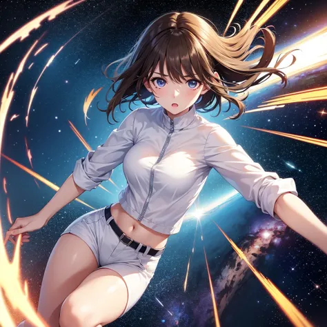 (masterpiece), best quality, expressive eyes, perfect face, perfect fingers, Very short outfit, female, dynamic, anime style, running through space at full speed