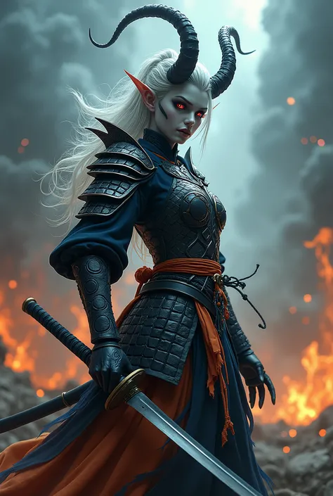 (best quality,4k,8k,highres,masterpiece:1.2), ultra-detailed, (realistic,photorealistic,photo-realistic:1.37), terrifying white demon girl with the appearance of a samurai, possessing a beautiful face and slender body, holding a sword. demonic, samurai, sh...