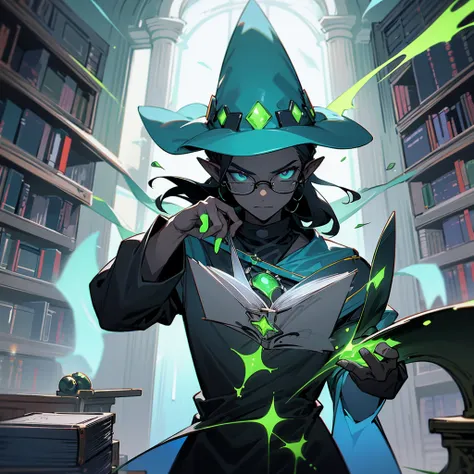 Make a nerdy black male necromancer slime wearing square glasses in a library 