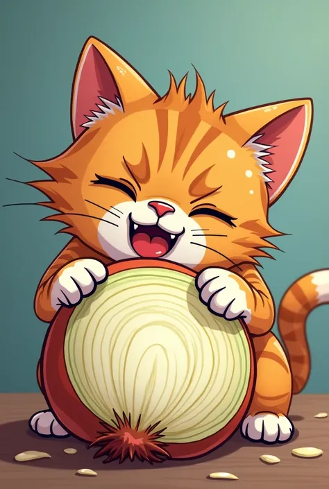 A funny and unexpected scene of a curious cat trying to eat a raw onion, with the cats paws gingerly picking at the onions layers. The cats face is contorted in a mix of curiosity and disgust, with its tongue flicking in and out as it tries to make sense o...