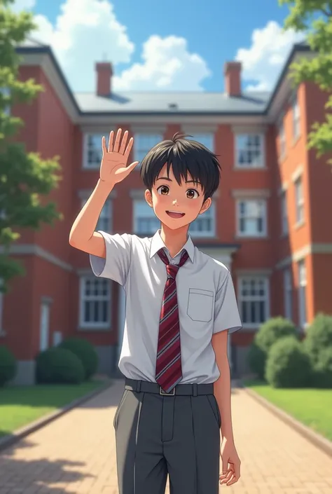 A  standing front of M2 GRAMMAR SCHOOL building wearing school uniform white shirt and Gray pant with maroon Gray line tie bye with his hand