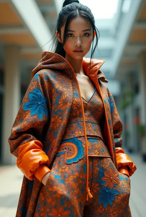 An Indonesian-styled futuristic suit worn by a girl depicting cultural fusion and modern fashion. The suit is adorned with intricate patterns and vibrant colors, showcasing the rich heritage of Indonesia. The girl stands confidently in a dynamic pose, with...