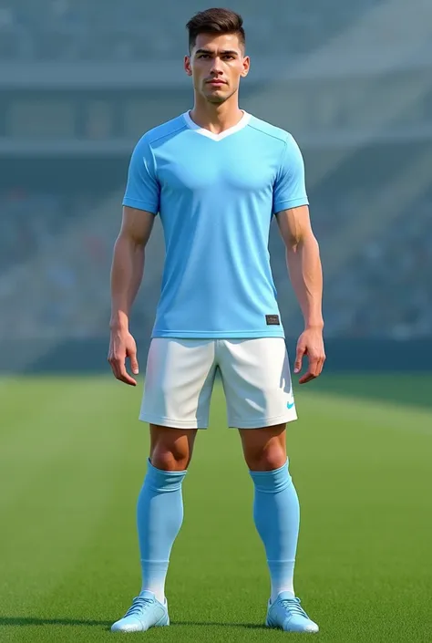 Create a light blue soccer uniform with white shorts 