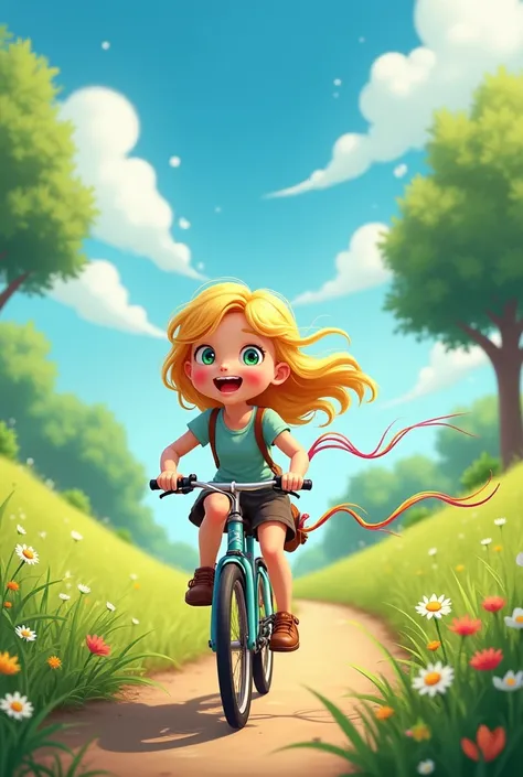 girl with blond hair, green eyes, riding a bike