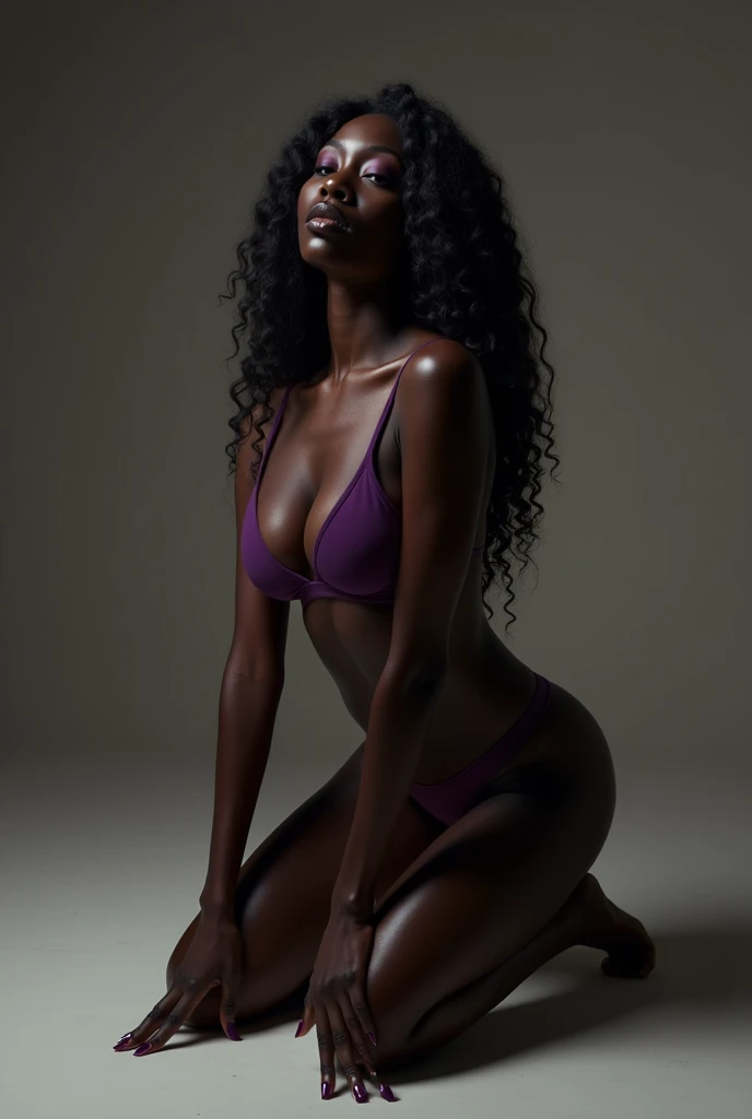 black woman on all fours with purple panties and legs