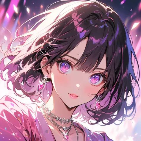 1girl, very closeup face, purple eyes, big eyes, beautiful eyes, pink eyes, purple hair, wavy bob cut hair, pink lips, diamond earrings, diamond necklace, pink lips, gorgeous, shining, glitter, beautiful face, pink theme, blurry background, Makoto Shinkai ...