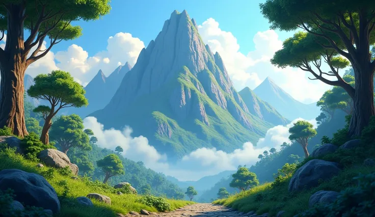 In cinematic 3D Cartoon style Rishyamook Parvat is an ancient and sacred mountain, characterized by its towering height and dense forest cover. The mountain is surrounded by a thick jungle, with large trees that have been growing for centuries. The air is ...