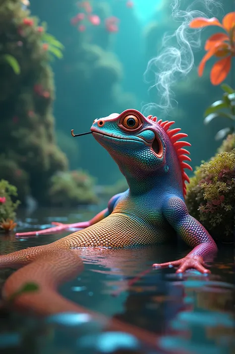 Colorful lizard in the water tank smoking