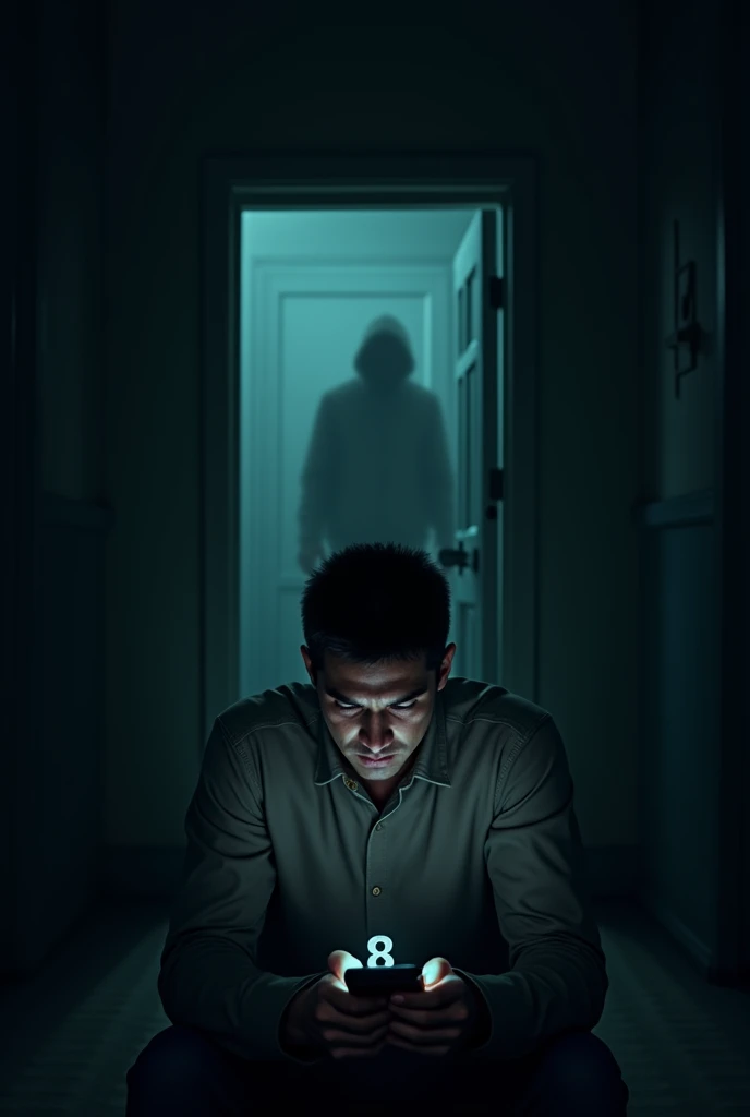 Prompt: A dark room where a man is staring at his phone in horror, the screen showing an unknown number. Behind him, the door is slightly open, revealing a shadowy figure creeping inside. The atmosphere is filled with tension, as if something terrifying is...