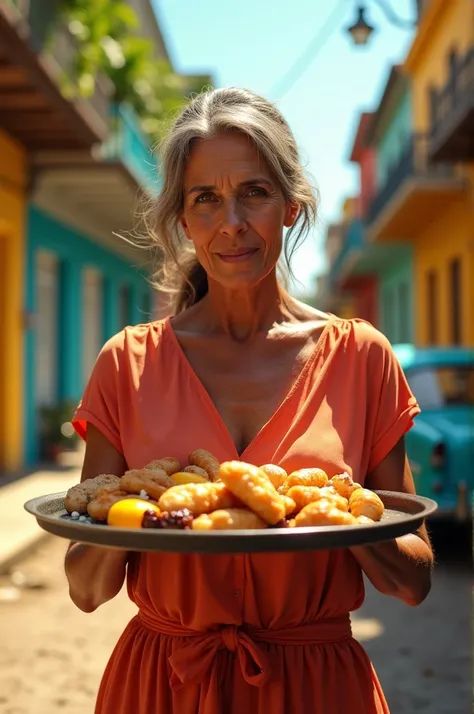 A Cuban woman with a tray in her hand 