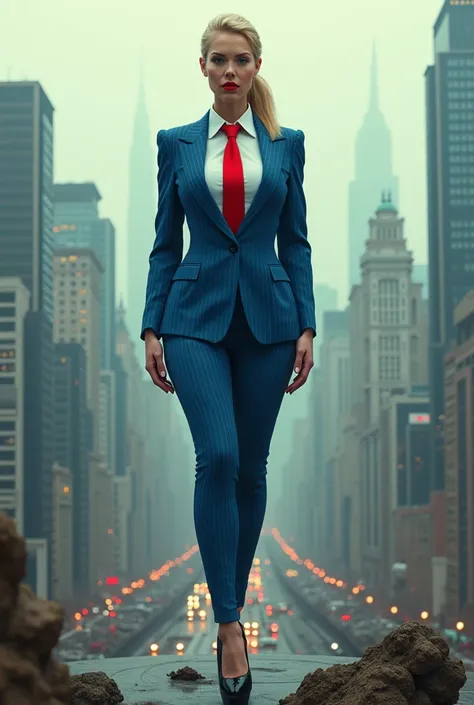 1 tie  beautiful curves a massive curvy thighs blonde ponytail red lips wearing a perfect blue pinstriped suit and blazer with a ((massive thick and  massive windosr knot red tie)) red shirt massive breasts. Platform high heels , standing, giantess art, hi...