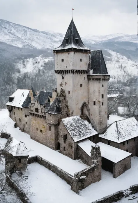 floorplant, d&d battlemap, tabletop, bird flight view,a medieval village castle sitting on top of a snow covered mountain,black ...