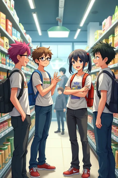 Four Otaku friends working in a supermarket 