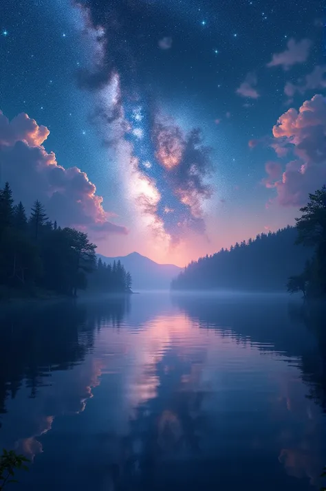 "A serene night sky over a tranquil lake, reflecting a tapestry of stars and nebulae."