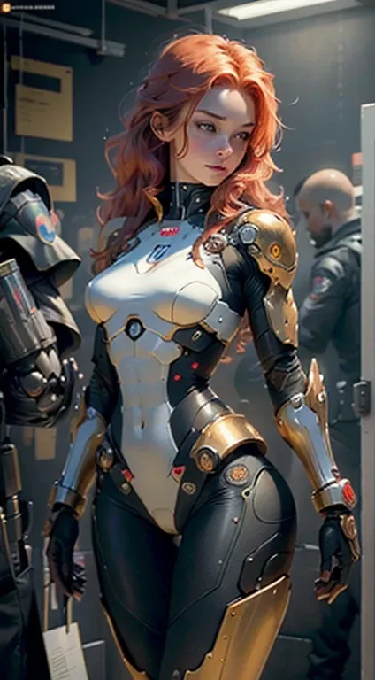 Ultra complex 3d render ultra detailed of a beautiful red-haired woman, with a fantastic figure, large Breasts, android face, cyborg, skin colour robotic parts, ((all robotic parts look like her skin)), 150 mm, beautiful studio soft light, rim light, vibra...