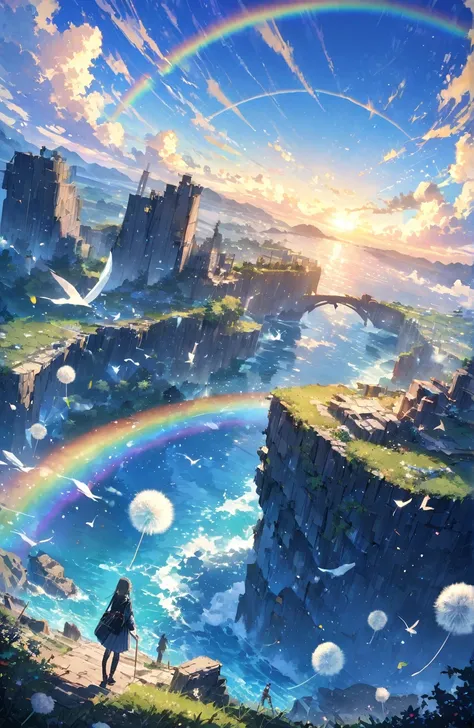 ((Amazingly absurd)),(masterpiece:1.2),超High resolution, Attention to detail, high quality, High resolution, 最high quality, 4K, 8k、so beautiful、landscape、landscape画、Endless blue sky、A rainbow appears、There is a group of ruins、Dandelion fluff flying,rainbow