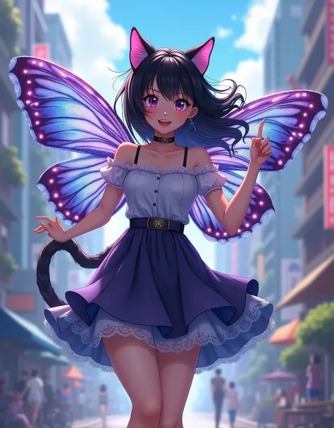 a balck catgirl, butterfly wings, intricate butterfly patterns, delicate features, happy expression, vivid colors, fantasy, surreal, dreamlike, photorealistic, 8k, high quality, digital art, main color dark purple and light blue, knee skirt or tea skirt, f...