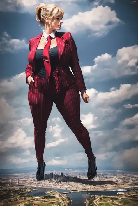 1 tie  beautiful curves a massive curvy thighs blonde ponytail red lips wearing a perfect blue pinstriped suit and blazer with a ((massive thick and  massive windosr knot red tie)) red shirt massive breasts. Platform high heels , standing, giantess art, hi...