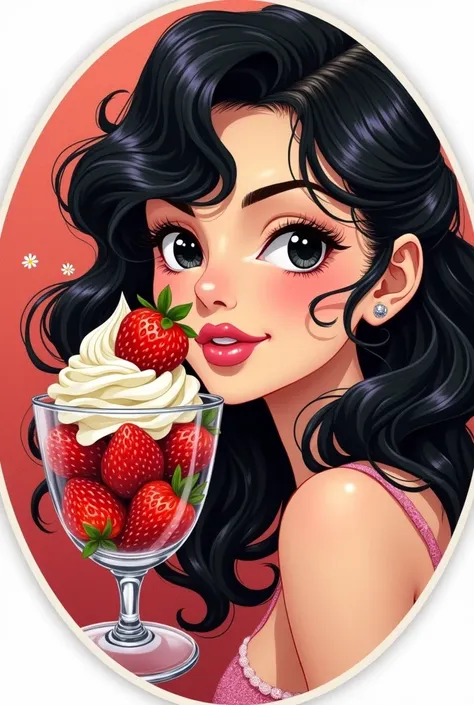 Create a round sticker of a small glass of strawberries with cream that looks very rich to the eye and on the right side of the sticker a small face of a young woman with light skin but not so white long curly black hair with pink lips and winking in a sen...