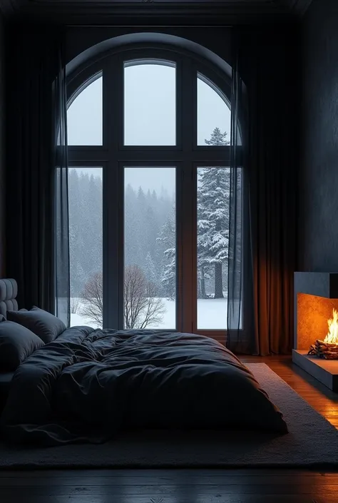 Dark black peaceful bedroom with windows see snowfall and fire and cozy room with black curtain black bed black everything in room not any human present