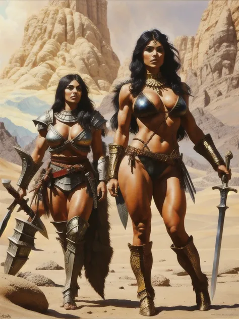 alone perfect female-warrior walking alone in the desert, she have Arab type of face, long black hair, full lips, big eyes, eyeliner black arrows, thick eyebrows, dressed in steel armor, armored legs, armored hands, holding a sword, camel toe, naked, bodyb...