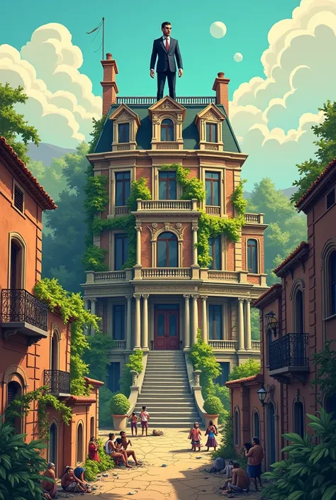 Draw a cartoon style book cover, with a slum at the bottom with several dirty and cracked houses and several poor people and above a luxurious house with a gentleman