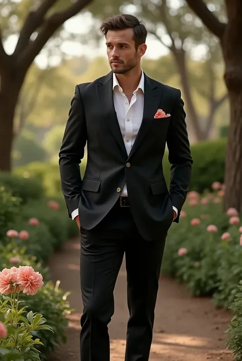 Black safari suit the suit with four pockets on the blazer with peach color at a wedding