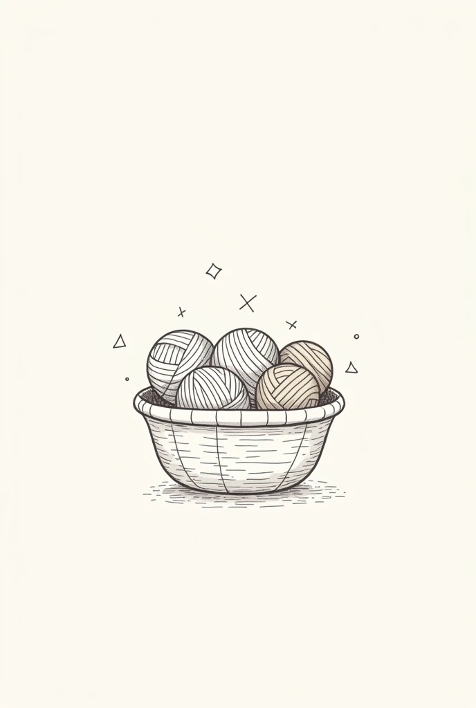 Line drawing of a logo of several balls of yarn placed in a basket.
