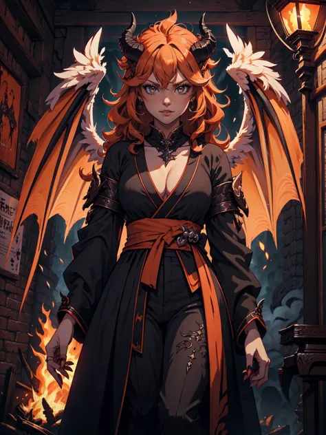 最high quality、Ultra High Definition, Ultra High Quality, Hyper Detailed, Extremely Detailed, Best image quality、masterpiece, 8k, Demon Young Mistress, Scary, Long Orange Curly Hair, ((  Big Angel Dark Wings)), ((White-Orange Horns)), (Solid Orange Demon Ey...