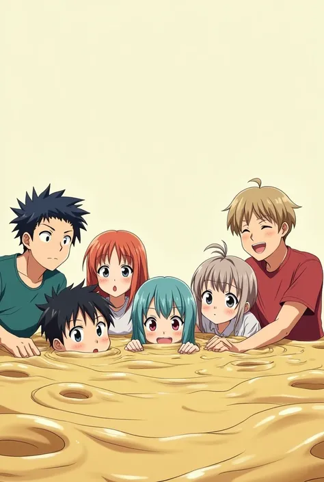 Three men and two women stuck together inside a pool full of sticky dough with only their heads sticking out of the sticky dough anime version 