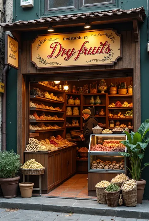 Little Dry fruits store but dry fruits not visible . A sign board for different dry fruits. 