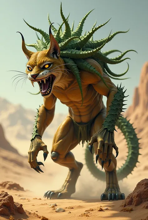 Create a monster with the body of a lynx and the head of a snake. The plant Aloe Vera grows on his body. The monster should look dangerous. And standing in the desert.