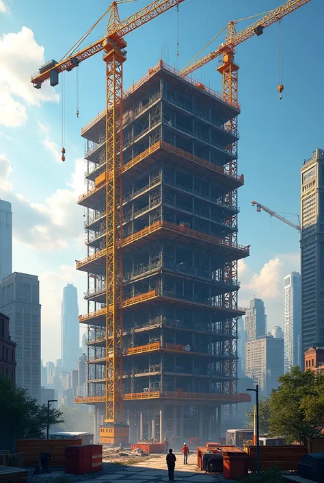 Une image de tour de bureau en construction avec des grues à leur sommet