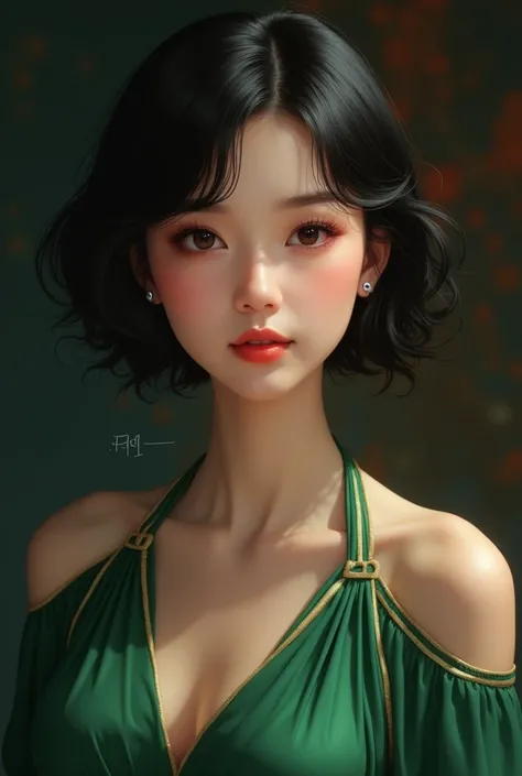 realistic drawing, Extremely beautiful 20 year old woman, short black hair, Brown eyes, small nose, full lips, very feminine features, dressed in a green silk dress, dark bright background 