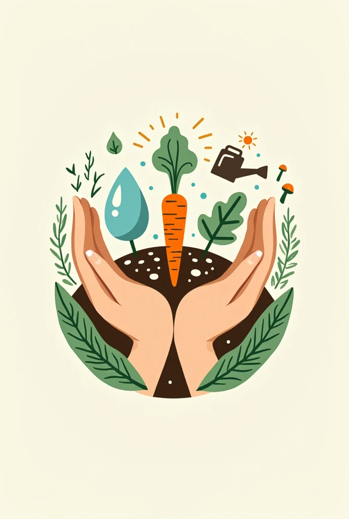 A logo with hands, carrot, soil, water and poisonous mushrooms, organic fertilizers, a watering can, biopreparations in organic agriculture