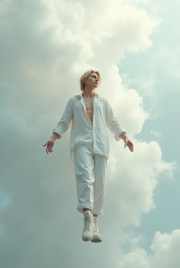 Create a realistic image of a blond man with an all-white outfit lying down falling into the infinite smoke looking like clouds