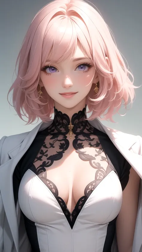 (masterpiece, Best Quality), intricate details, delgado, ((delgado)), beautiful girl, light pink hair, White skin, light purple eyes, sharp jaw, short jacket, messy hair, Lips, Upper part of the body, close up, affected smile