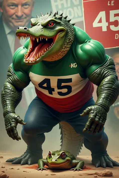 A very strong Alligator(he works out) and angry with a shirt in green colors, white and red is a political campaign with the number 45 printed in large print. Stepping on a frog&#39;s head