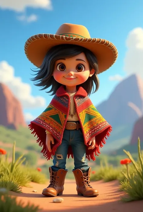 a boy of around 1 with long hair dressed as a gaucho in Disney Pixar 3D style
