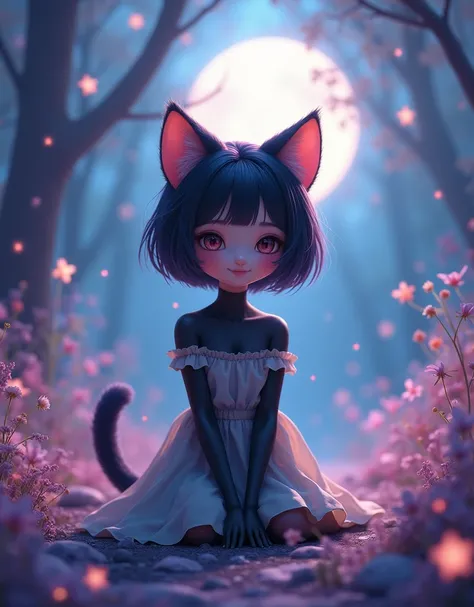 black cat girl, delicate facial features, happy expression, bright colors, fantasy, surreal, dreamlike, photorealistic, 8k, high quality, digital art, main color dark purple and light blue, tea skirt, front pics, moonlight in the clearing landscape, lookin...