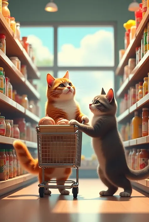 (Inside of building + shop+ shelves full of groceries around + one cat + one cute kitten + one real kitten + one cat standing with cart + one cat holding cart + cart with wheels + cart full of groceries + cat shocked + shocked cat + close up photo + photor...