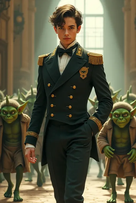 Teen,nobel, brown hair ,green eyes, Wear a suit with military ranks emblazoned,1700-1800s,Walk with your head held high and snap your fingers,There are green goblins carry piano following him