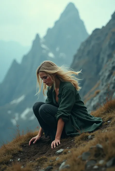 A blonde woman on a very high mountain, the wind passing through your hair, and down your face carrying your tears, she is burying someone special.