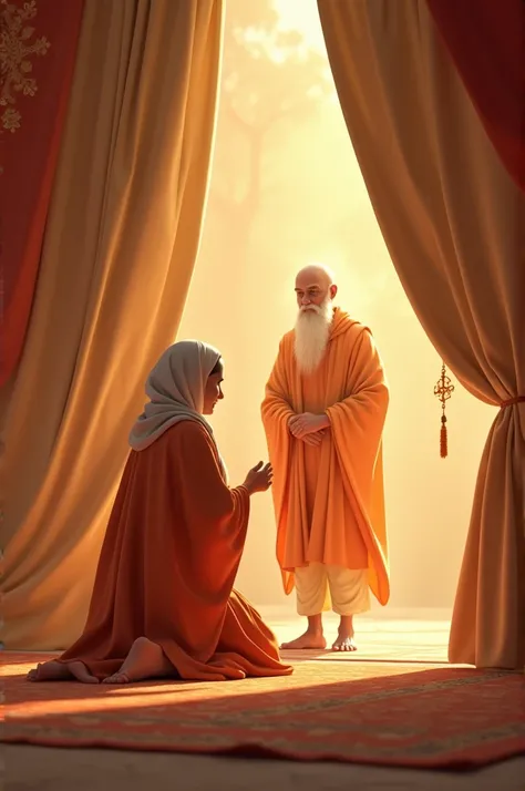 3D AI IMAGE create "Guru Gorakhnath Arrives: A scene where Guru Gorakhnath, depicted as a wise, ascetic figure in saffron robes, appears in a tent. Mata Bajhal rushes towards him with reverence. The lighting should be soft and divine, highlighting the spir...