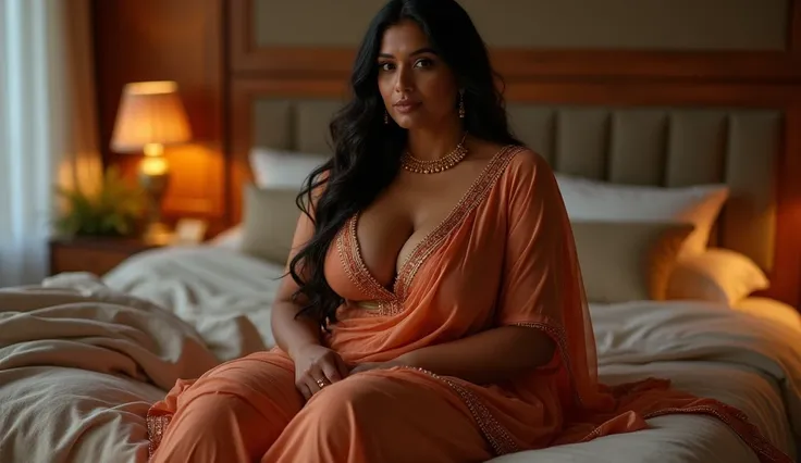 an Indian milf 40 years of woman who is wearing a saree and loose blouse,  voluptuous body . Sits in doggy position with open legs on bed