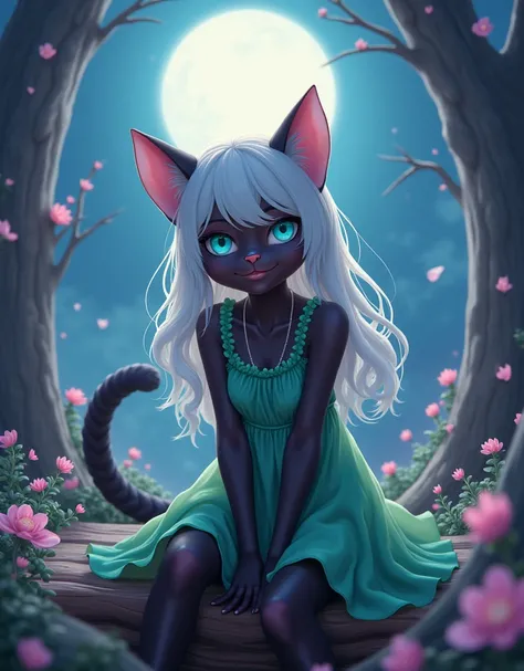 black cat girl, delicate facial features, happy expression, bright colors, fantasy, surreal, dreamlike, photorealistic, 8k, high quality, digital art, main color dark purple and light blue, tea skirt, front pics, moonlight in the clearing landscape, lookin...