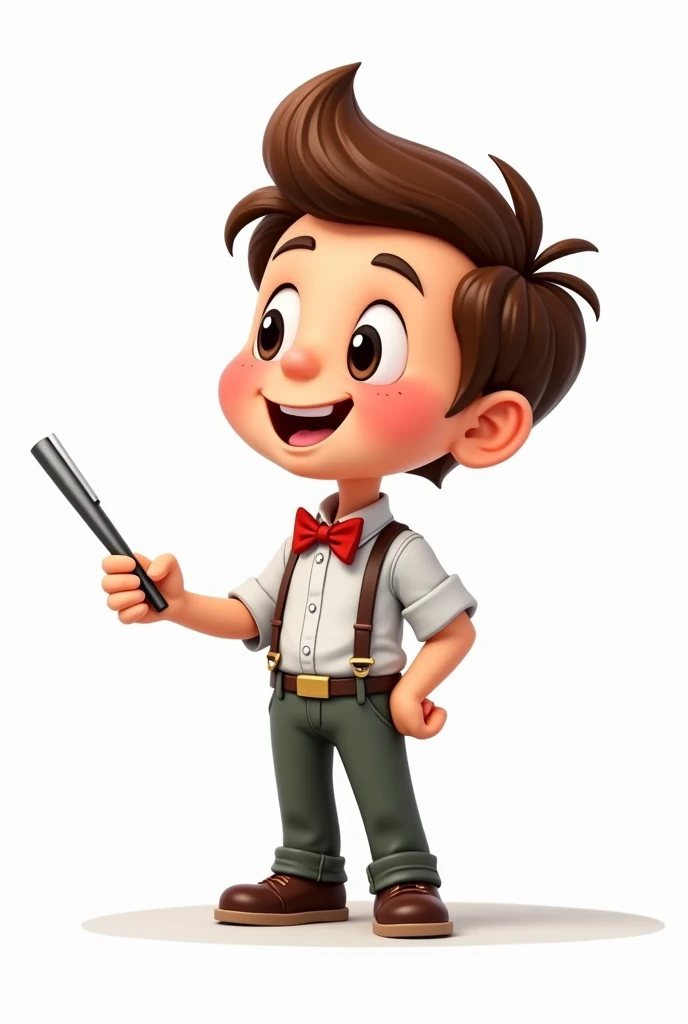 Cartoon cute teacher with a cute face (a man not a kid) pointing to the board with a ruler on white background